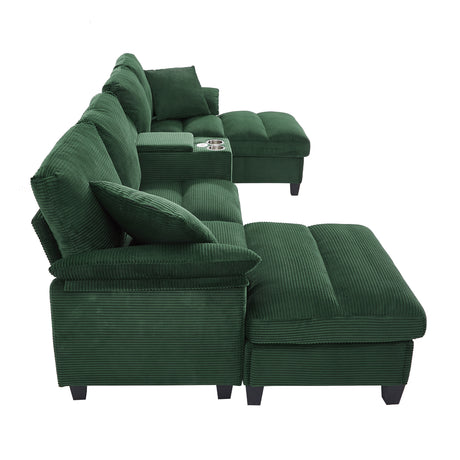 Modern Green U-shaped Sectional Sofa with Corduroy Upholstery, Hidden Storage Ottomans, USB Ports, and Cup Holders, 116.9' - sold by Home Elegance USA