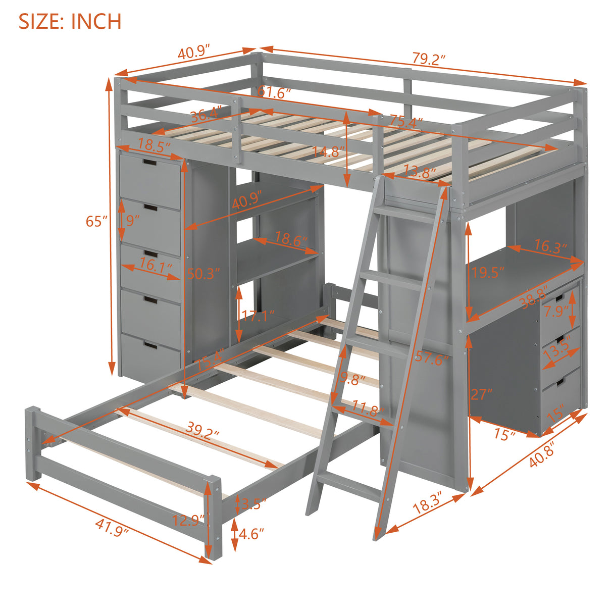 Twin over Twin Bunk Bed with LED Light and USB Ports, Gray - Home Elegance USA