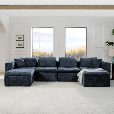 Modern U-Shaped 143' Cloud Sectional Couch with Comfy Chaise in Blue Chenille - sold by Home Elegance USA