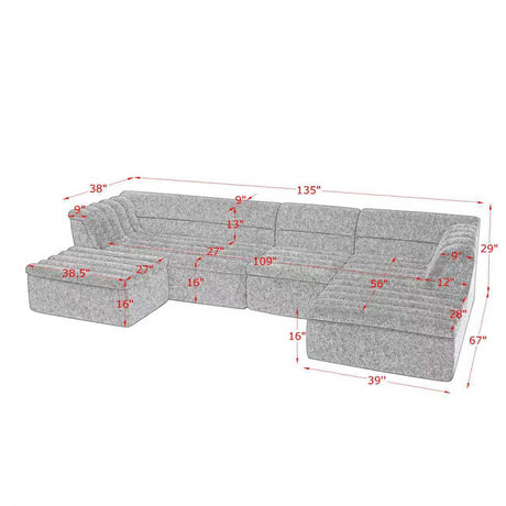 135' U-Shaped Modular Sectional Sofa with Chaise and Movable Ottoman for Living Room, Chenille Upholstered Boneless Couches with Wave-Shaped Armrest, No Pillows Included - sold by Home Elegance USA