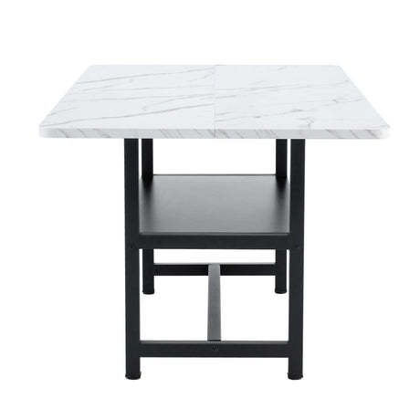 Table and chair set.71*35.4 inch White Grain Spliced Dining Table With Storage Function In The Middle Of The Table Legs.Paired with 8 black PU dining chairs with ergonomic buckle backrest. - sold by Home Elegance USA