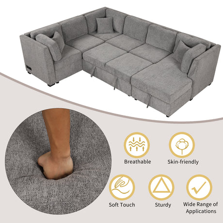 U-shaped Sectional Sofa Pull out Sofa Bed with USB Ports, Power Sockets, Storage Chaise, Light Gray Chenille, 108.6' - sold by Home Elegance USA