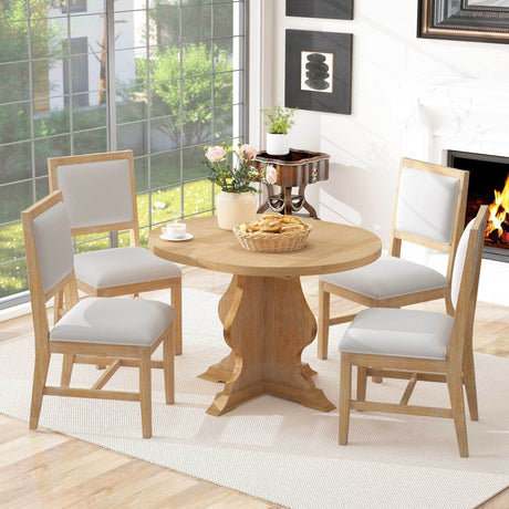 TREXM Farmhouse 5-Piece Dining Table Set with 4 Upholstered Chairs, Wood Extendable Dining Table with 15.7' Leaf for Extra Seating for Dining Room, Kitchen and Living Room (Natural Wood Wash) - sold by Home Elegance USA