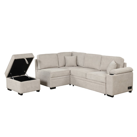 2 in 1 Sleeper Sofa Bed with Storage Ottoman, Beige Linen Upholstery, 84.75' L Shape Couch for Small Spaces - sold by Home Elegance USA