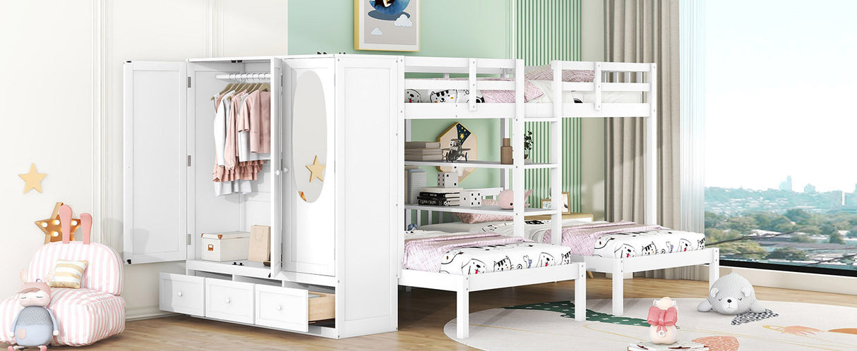 Full-Over-Twin-Twin Bunk Bed with Shelves, Wardrobe and Mirror, White - Home Elegance USA