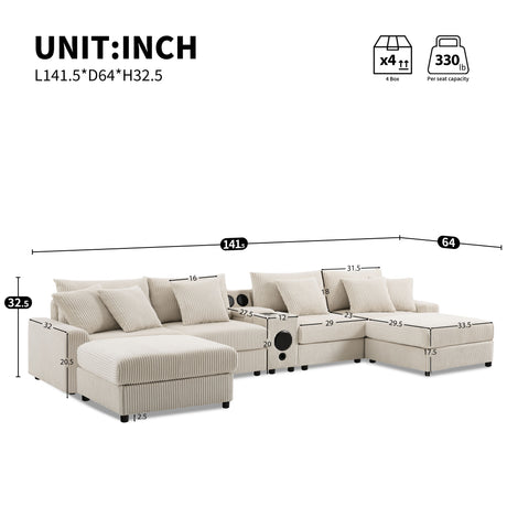 141.5*64'' Corduroy Sectional Sofa with Bluetooth Speakers, U-Shaped Couch with Console, USB Charger, Cup Holders, Storage, Ottoman, Deep and Wide Seat Cloud Sofa for Living Room&Apartment - sold by Home Elegance USA