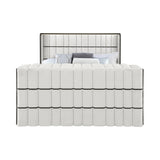 Isaiah White and Black King Bed with 50' TV Lift-LED, Speakers and Fireplace: Upholstered Frame in Rubber Wood, Modern Design