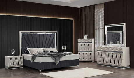 Lavita Modern & Contemporary Style 5 Pc Queen Upholstered Bedroom Set Made with Wood and Gold Accents in River Sand Grey