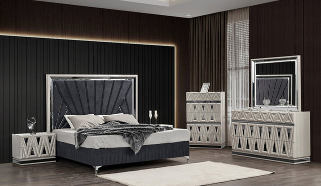 Lavita Modern & Contemporary Style 5 Pc Queen Upholstered Bedroom Set Made with Wood and Gold Accents in River Sand Grey