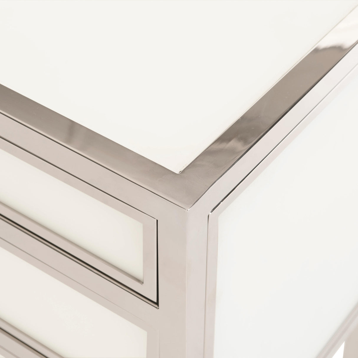Blanca Compact Nightstand 26-Inch Snow Glass & Stainless Steel | Bernhardt - sold by Home Elegance USA