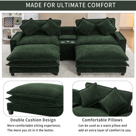 Chenille Upholstered 111' Sectional Sofa with Two Removable Ottomans, USB Ports, Cup Holders, and Storage, Green - sold by Home Elegance USA