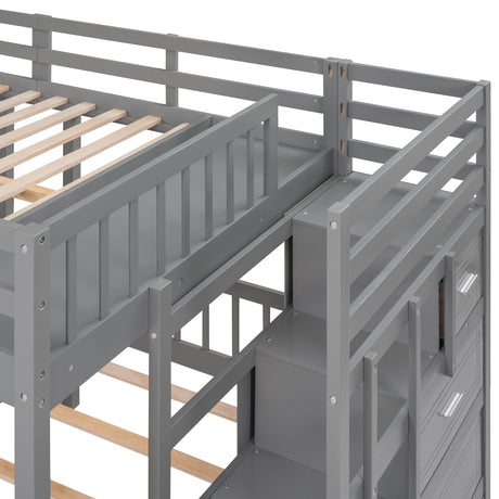 Full Over Twin & Twin Bunk Bed, Wood Triple Bunk Bed with Drawers and Guardrails (Gray) - sold by Home Elegance USA