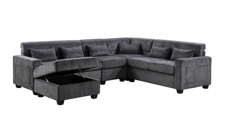 Trevi 115'W Gray Chenille Sectional Sofa with Adjustable Backrest, Charging Ports, Pockets, Tufting, Storage Ottoman, Throw Pillows - sold by Home Elegance USA