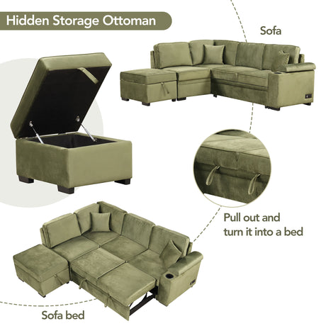Green Velvet Sleeper Sofa Bed with Storage Ottoman, L Shape Pull Out Couch for Living Room and Bedroom - sold by Home Elegance USA
