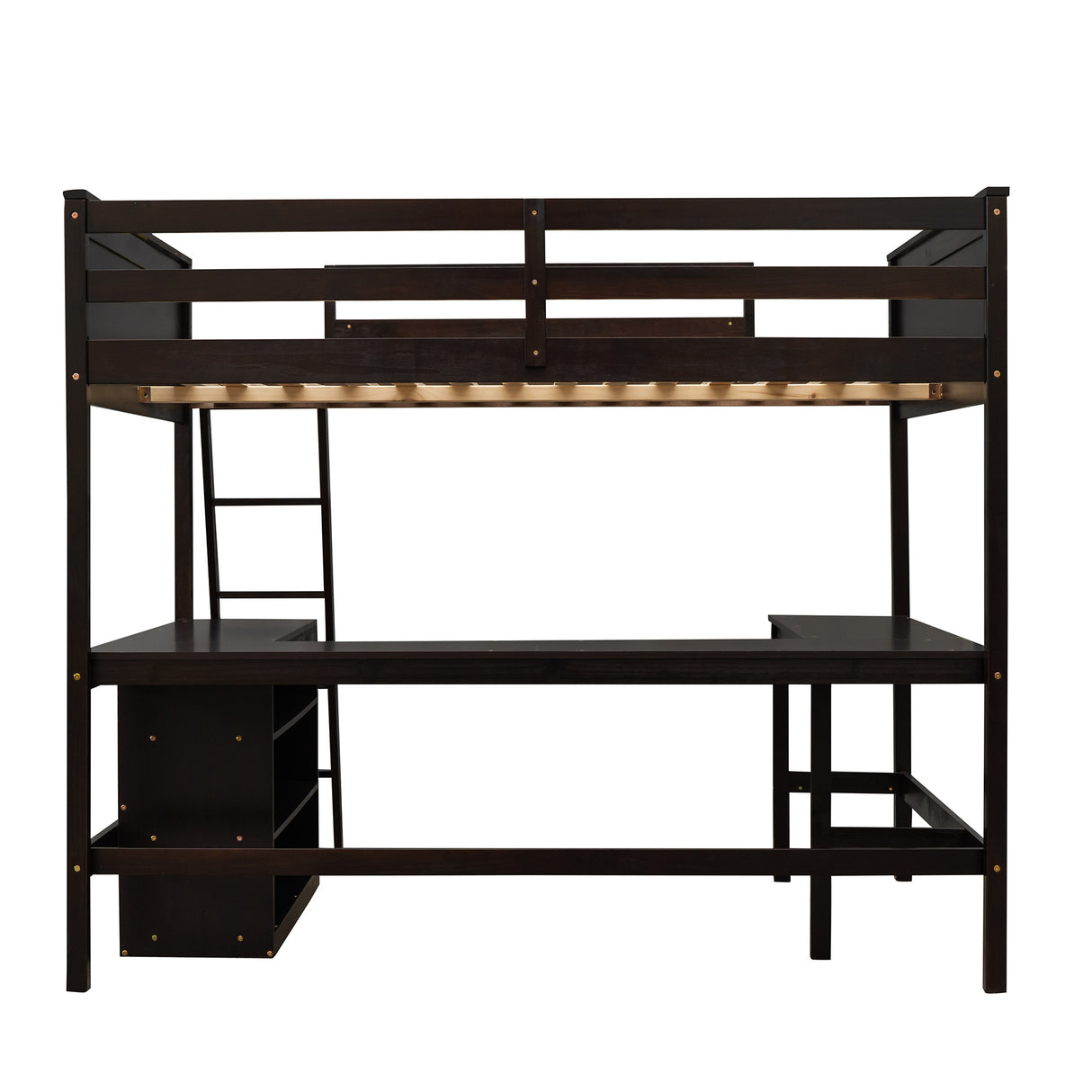 Full size Loft Bed with Shelves and Desk, Wooden Loft Bed with Desk - Espresso - Home Elegance USA