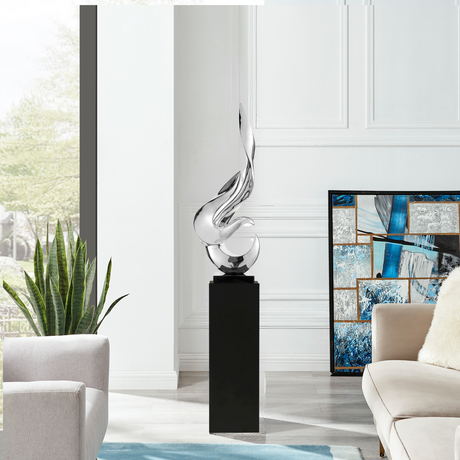 Flame 65" Tall Floor Sculpture // Chrome with Black Stand  | Finesse - Home Elegance USA