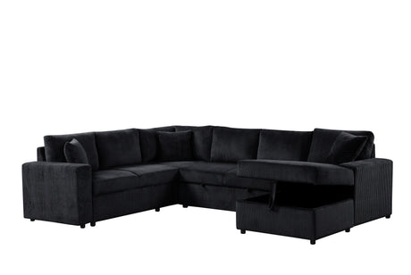 Ruxley 123'W Black Corduroy Sleeper Sectional Sofa with Right-Facing Storage Chaise and Throw Pillows - sold by Home Elegance USA