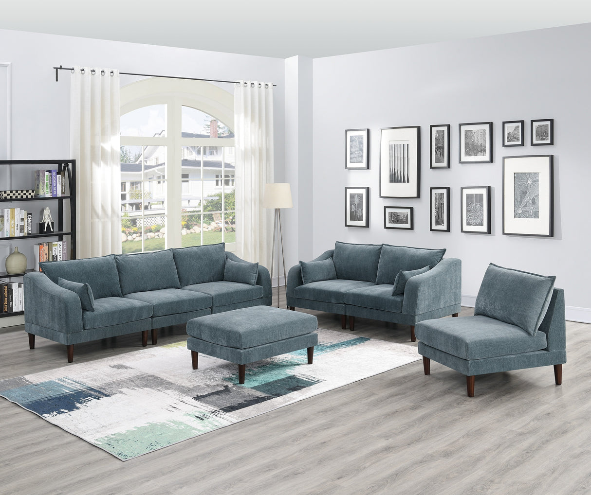 6pcs Modular Sofa Set 4x One Arm Chairs 1x Armless Chair 1x Ottoman Living Room Furniture Mineral Color Morgan Fabric
