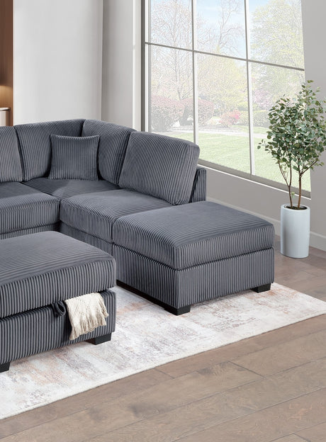 Dark Gray Wide Welt Corduroy Sectional Sofa Reversible Chaise Sofa w USB Storage Ottoman Upholstered Couch Pillows 3pc Set - sold by Home Elegance USA
