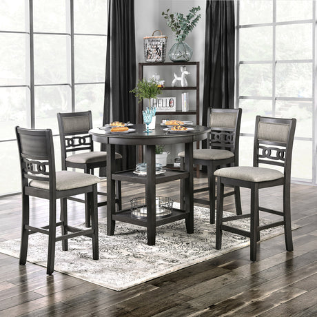 Transitional Style Gray Finish 5pc Counter Height Dining Table Set 1x Table 4x Chairs Round Table Open Shelves Padded Seat And Back - sold by Home Elegance USA