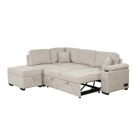 2 in 1 Sleeper Sofa Bed with Storage Ottoman, Beige Linen Upholstery, 84.75' L Shape Couch for Small Spaces - sold by Home Elegance USA