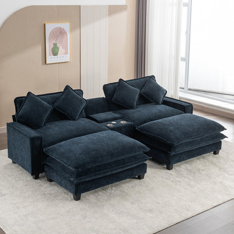 Contemporary Chenille Upholstered Sectional Sofa with Ottomans, USB Ports, Cup Holders & Storage, Blue - sold by Home Elegance USA