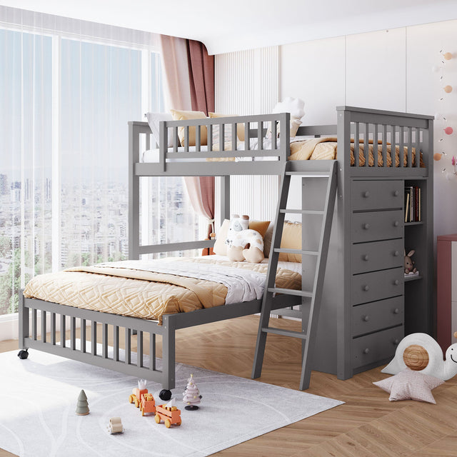 Wooden Twin Over Full Bunk Bed With Six Drawers And Flexible Shelves,Bottom Bed With Wheels,Gray(OLD SKU:LP000531AAE) - sold by Home Elegance USA