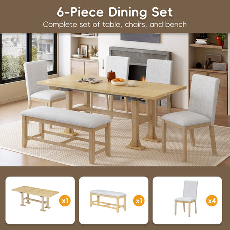 TOPMAX Farmhouse 76inch 6-Piece Extendable Dining Table Set with Trestle Base, Upholstered Chairs & Bench, Natural Wood and Light Gray Fabric - sold by Home Elegance USA