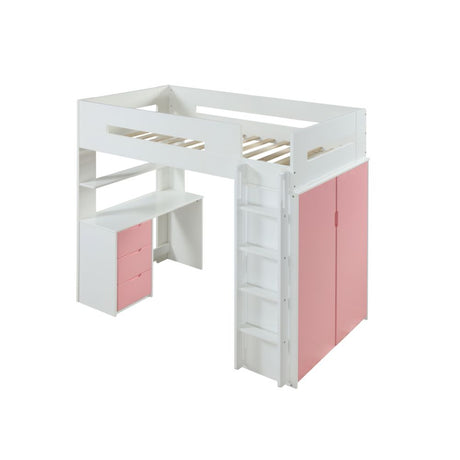 Acme - Nerice Twin Loft Bed W/Desk & Wardrobe 38040 White & Pink Finish