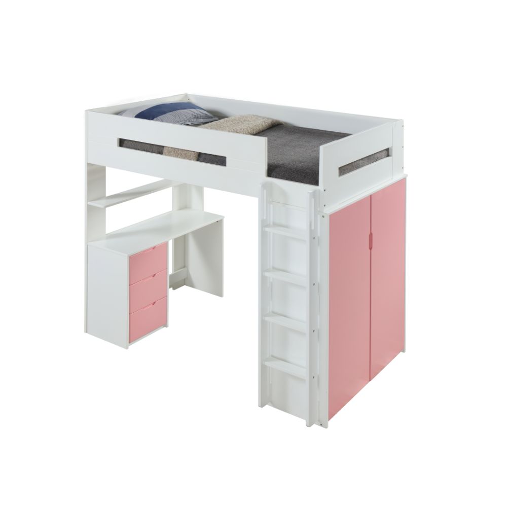 Acme - Nerice Twin Loft Bed W/Desk & Wardrobe 38040 White & Pink Finish