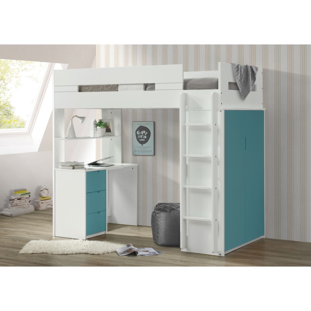 Acme - Nerice Twin Loft Bed W/Desk & Wardrobe 38045 White & Teal Finish