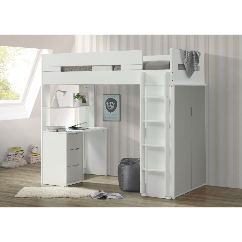 Acme - Nerice Twin Loft Bed W/Desk & Wardrobe 38050 White & Gray Finish