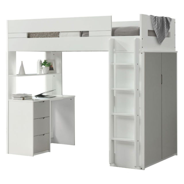 Acme - Nerice Twin Loft Bed W/Desk & Wardrobe 38050 White & Gray Finish