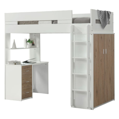 Acme - Nerice Twin Loft Bed W/Desk & Wardrobe 38055 White & Oak Finish