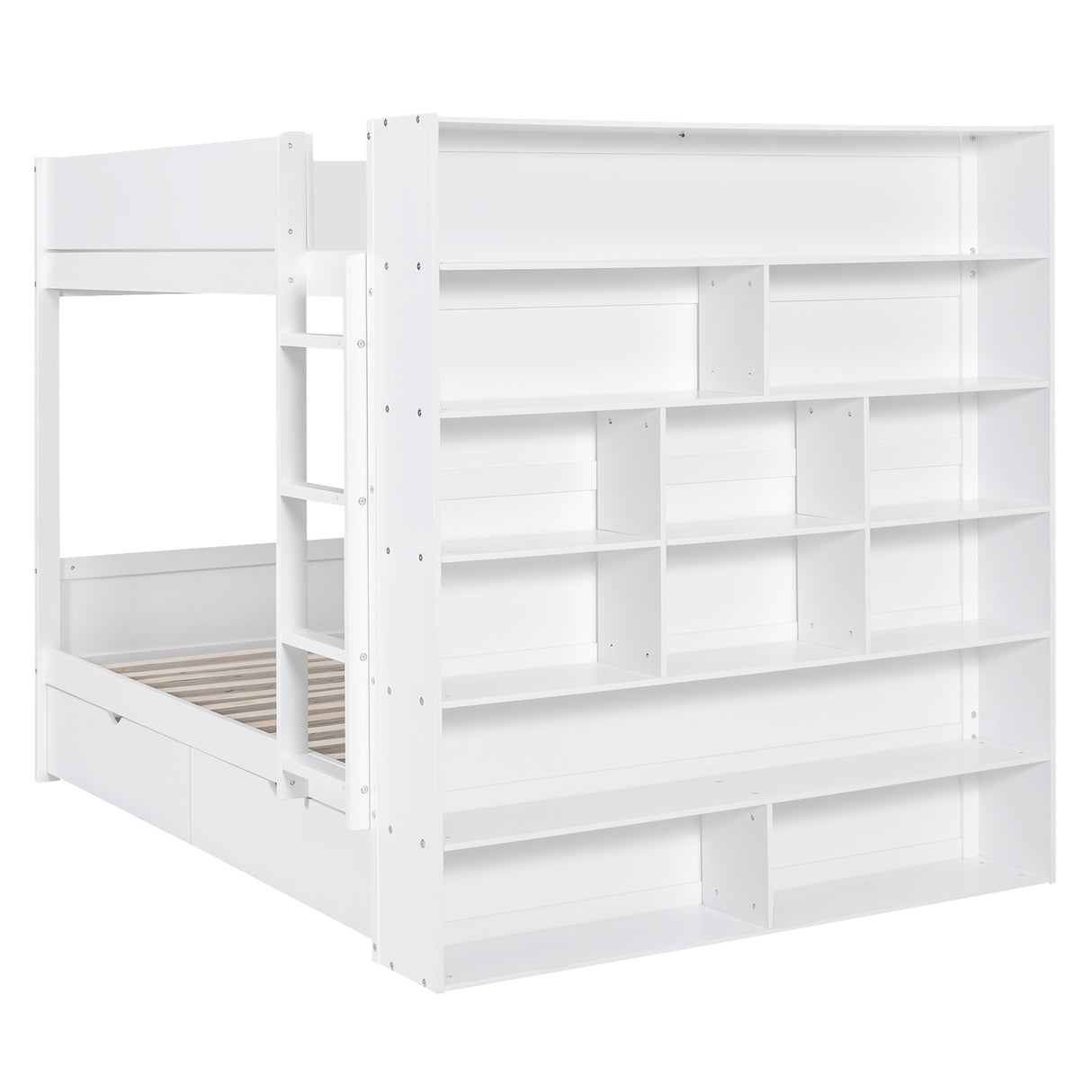 Full over Full Bunk Bed With 2 Drawers and Multi-layer Cabinet, White - Home Elegance USA