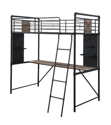 Acme - Cordelia Twin Loft Bed W/Desk 38310 Antique Oak, Sandy Black & Dark Bronze Hand-Brushed Finish