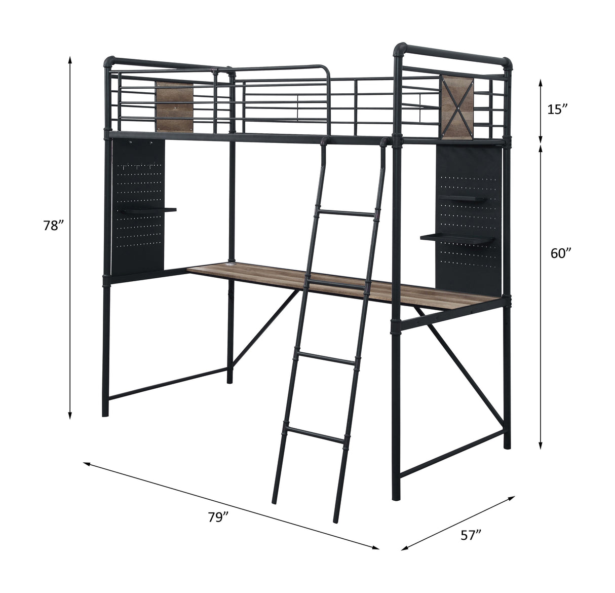 Acme - Cordelia Twin Loft Bed W/Desk 38310 Antique Oak, Sandy Black & Dark Bronze Hand-Brushed Finish