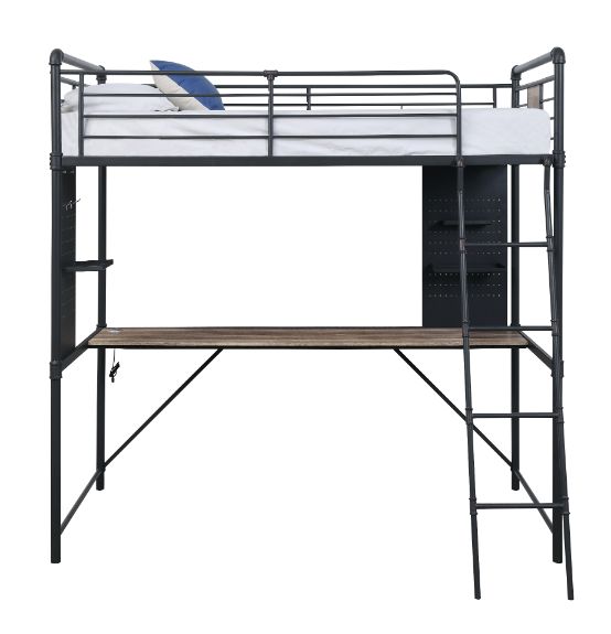 Acme - Cordelia Twin Loft Bed W/Desk 38310 Antique Oak, Sandy Black & Dark Bronze Hand-Brushed Finish