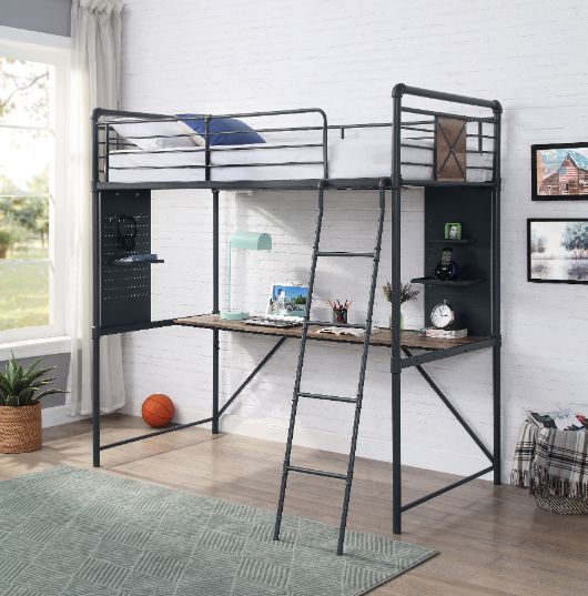 Acme - Cordelia Twin Loft Bed W/Desk 38310 Antique Oak, Sandy Black & Dark Bronze Hand-Brushed Finish