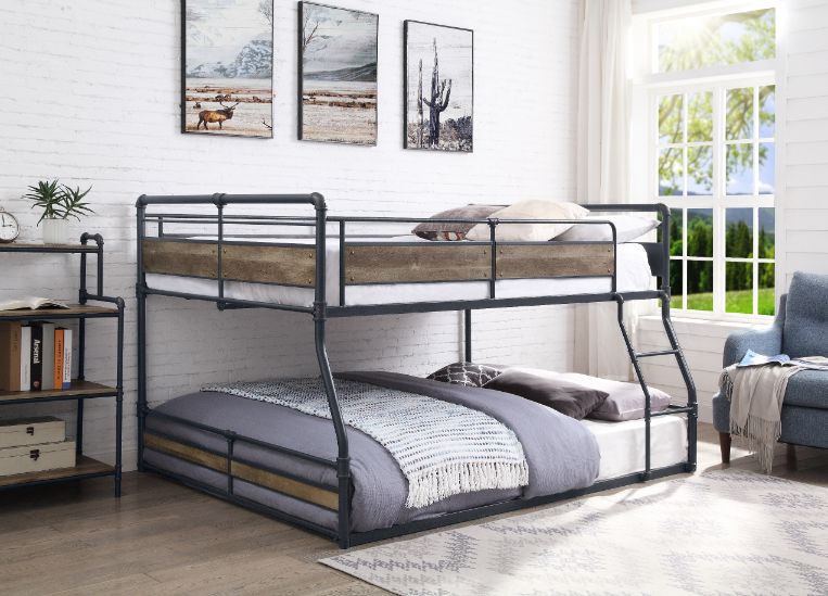 Acme - Cordelia Full/Queen Bunk Bed 38320 Antique Oak, Sandy Black & Dark Bronze Hand-Brushed Finish