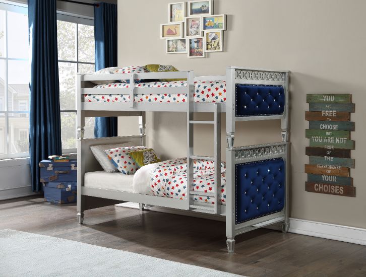 Acme - Varian Twin/Twin Bunk Bed 38330 Blue Velvet & Silver Finish