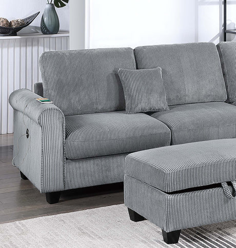 Contemporary Style 3pc Sectional Set Right Arm Chaise Left Arm Sofa w/ USB Port Storage Ottoman Throw Pillow Wooden Legs Fog Finish Primary Living Room - sold by Home Elegance USA