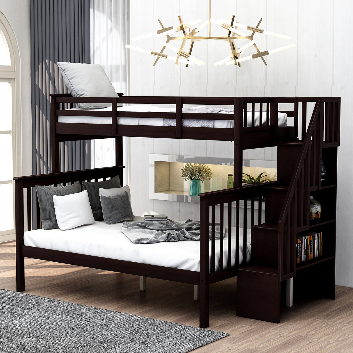 Stairway Twin-Over-Full Bunk Bed with Storage and Guard Rail for Bedroom, Espresso color(OLD SKU :LT000019AAP)