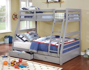 Modern Transitional Bunk Bed Twin Over Full With Two Large Drawers For storage Attached Ladder Made Of Solid Wood Gray