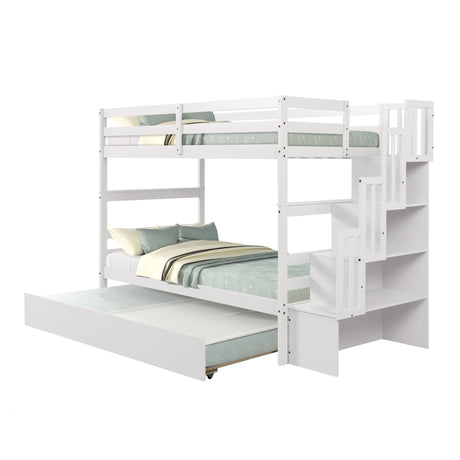 Bunk Beds Twin over Twin Stairway Storage function White color | Home Elegance USA