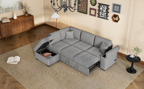 Sleeper Sectional Sofa, L-Shape Corner Couch Sofa-Bed with Storage Ottoman & Hidden Arm Storage & USB Charge  for Living Room Apartment, Gray - sold by Home Elegance USA