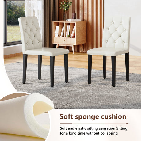 Table and chair set.64.5 x 35.4 Inch Stylish Black Wood Color Textured Dining Table.4-pack white PU dining chairs: ergonomic buckle backrest.Exudes A Strong Sense Of Fashion. - sold by Home Elegance USA