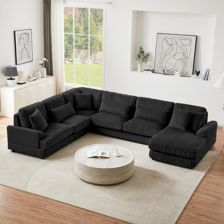 Modern Oversized U-shaped Sectional Sofa with Chaise Lounge Upholstered in Soft Black Corduroy - sold by Home Elegance USA