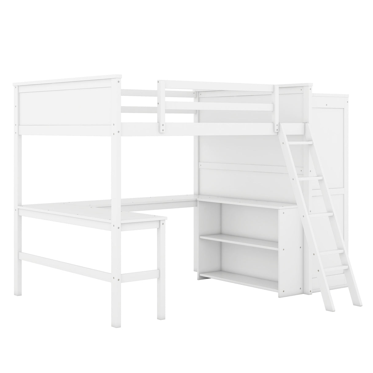 Full size Loft Bed with Desk, Shelves and Wardrobe-White - Home Elegance USA