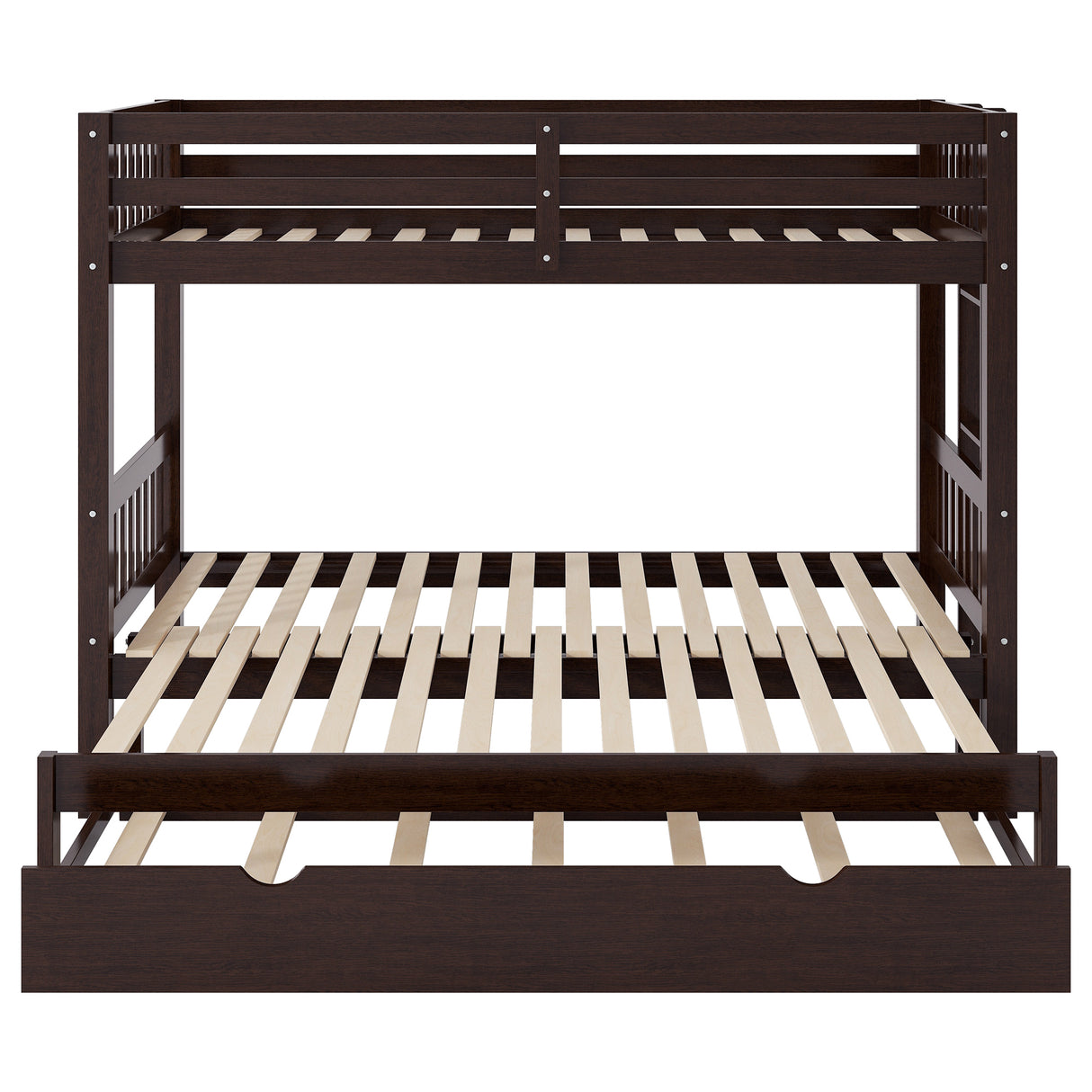 Twin Over Pull-out Bunk Bed with Trundle in Espresso, Pine Wood and MDF, 78.9''L x 116''W x 59.6''H